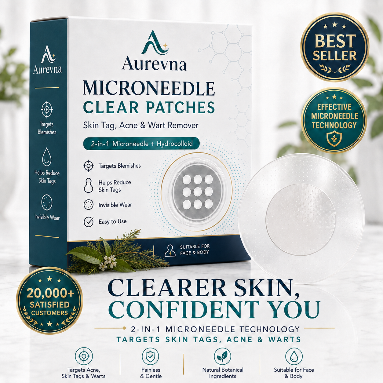 ✨Aurevna® 2-in-1 Microneedle & Hydrocolloid Patch🍀| Removes Raised Moles, Acne, Flat Warts & Skin Tags | Helps Improve Wrinkles, Scars & Blemishes | Invisible Patches for Face & Body